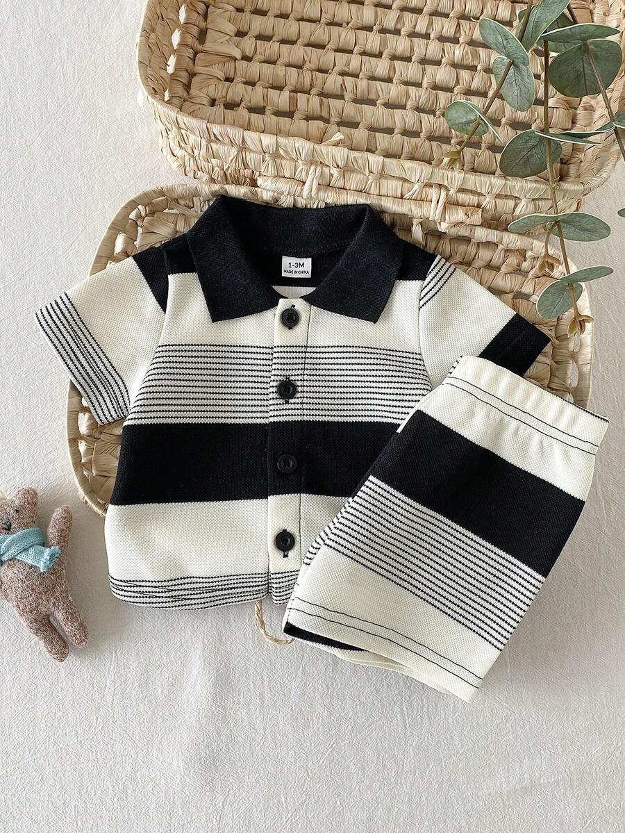 SHEIN Vintaside Kids 新生兒夏季領口短袖時尚涼爽休閒襯衫與百搭簡約短褲套裝,適合外出、露營、野餐、度假、聚會、日常休閒穿著 - 彩色 - 查看 1