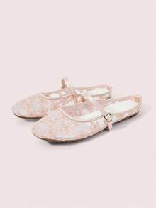 CUCCOO DOLLMOD Women's Shoes, Light Pink, Round Toe Dew Heel Closed Toe Sandals, Flower Embroidered Mesh Yarn, Sweet And Cute, Comfortable, Soft And Breathable - Rose - pink - View 2