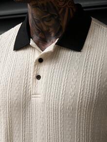Manfinity CasualCool 男士杏色拼色領 POLO 衫，紋理提花短袖上衣，休閒日常通勤上衣 - 杏色 - 查看 3