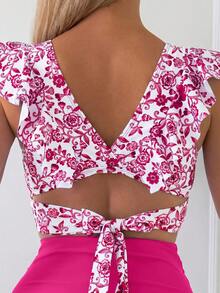 Swim Lushoire Women's V-Neck Pleated Ruffle Swim Top And Solid Color Swim Bottoms Bikini Set Beach Pool Party Vacation White Colorful Summer Jamican Sexy Tropical - Hot Pink - View 5