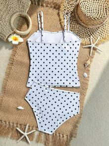 SHEIN Bộ đồ bơi bikini hai mảnh cho bé gái tuổi teen, họa tiết chấm bi, phong cách vintage dễ thương, ôm dáng, đồ bơi trẻ em chấm bi đen trắng cổ điển, thiết kế áo hai dây + eo nhún, ngọt ngào và thanh lịch, lên hình đẹp cho ảnh hồ bơi, phù hợp cho đi du lịch, tiệc hồ bơi, bơi biển và chụp ảnh mùa hè - Đen và trắng - Xem 2