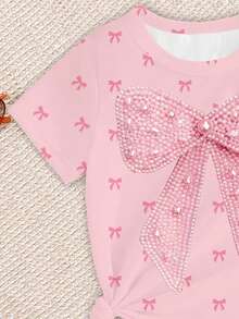 Set di T-shirt e Leggings Casual Fashion Creativo Personalizzato Rinfrescante Minimalista con Decorazione Fiocco di Perline Lucide e Stampa Grafica Rilassata per Ragazze Pre-adolescenti, Comodo per l'Uso Quotidiano, Adatto per Primavera, Estate e Autunno - Multicolore - Visualizzare 5