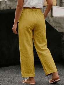 Linhara CURVE Plus Size Women's Casual Pure Cotton Solid Color Long Pants With Pockets And Drawstring - Yellow - View 2