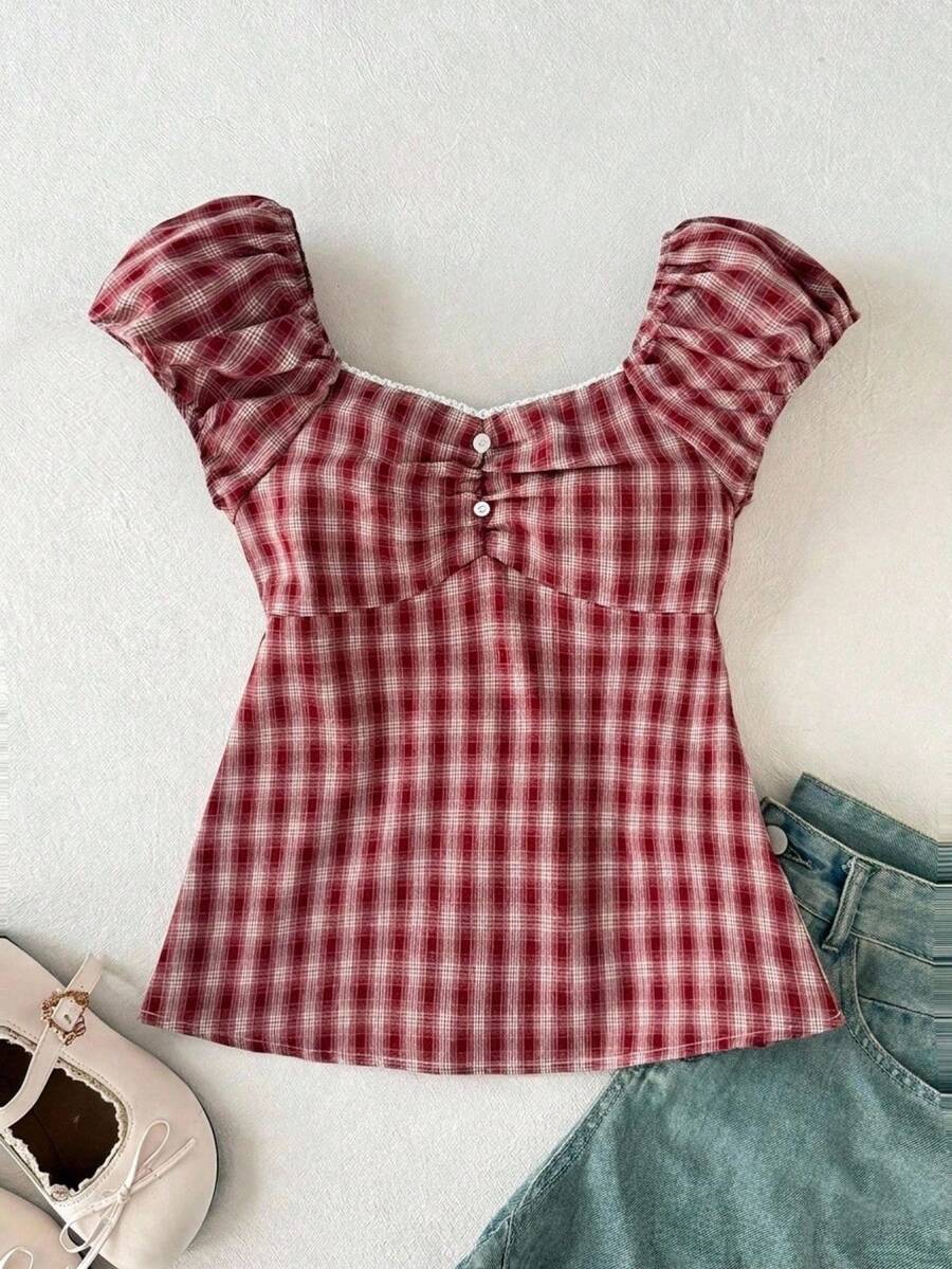SHEIN 少女休闲翻领收腰短袖露脐衬衫 - 彩色 - 查看 1