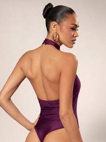 Hauture Women's Solid Color Halter Neck Sleeveless Backless Girly Bodysuit Club Night Plum Purple Summer - Purple - View 2