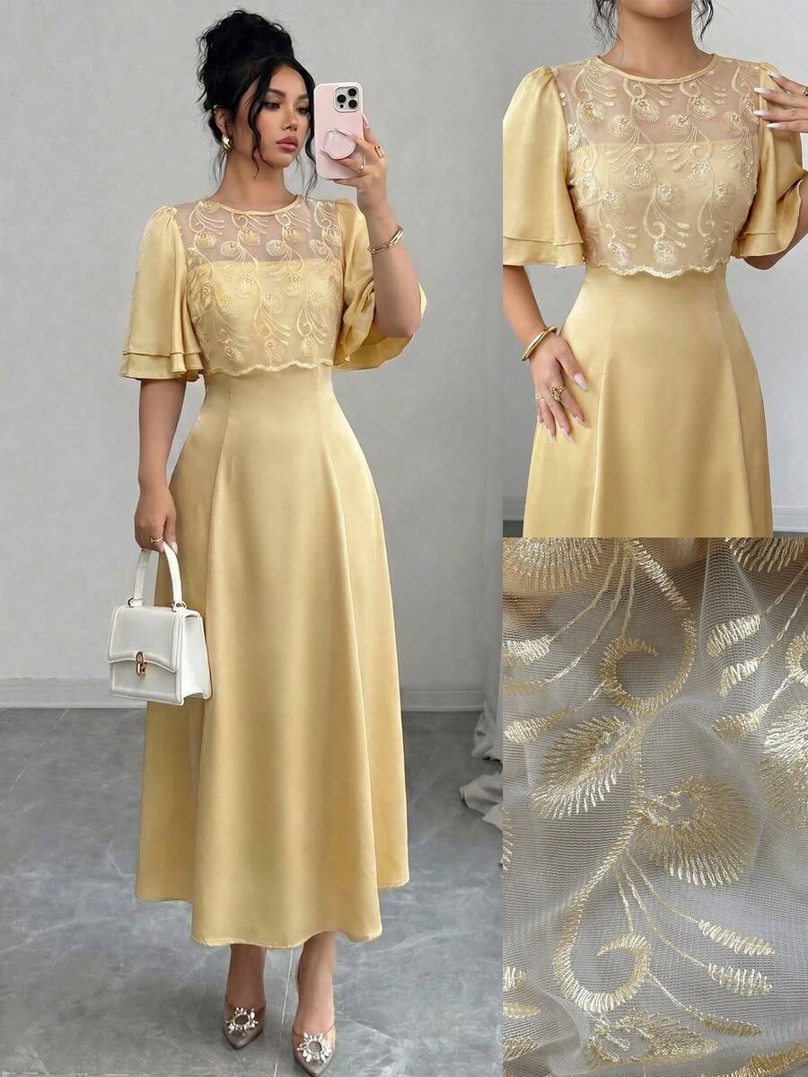 Modelyn 女款精緻優雅花卉刺繡網格拼接長洋裝 春夏季