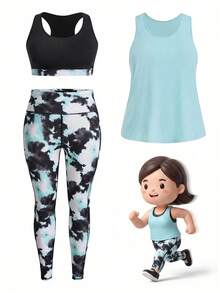 Sweetra CURVE Plus Size 3Pcs Tie Dye Contrast Panel Cut Out Back Sports Set Workout Clothes Workout Women Set - Blue - View 1