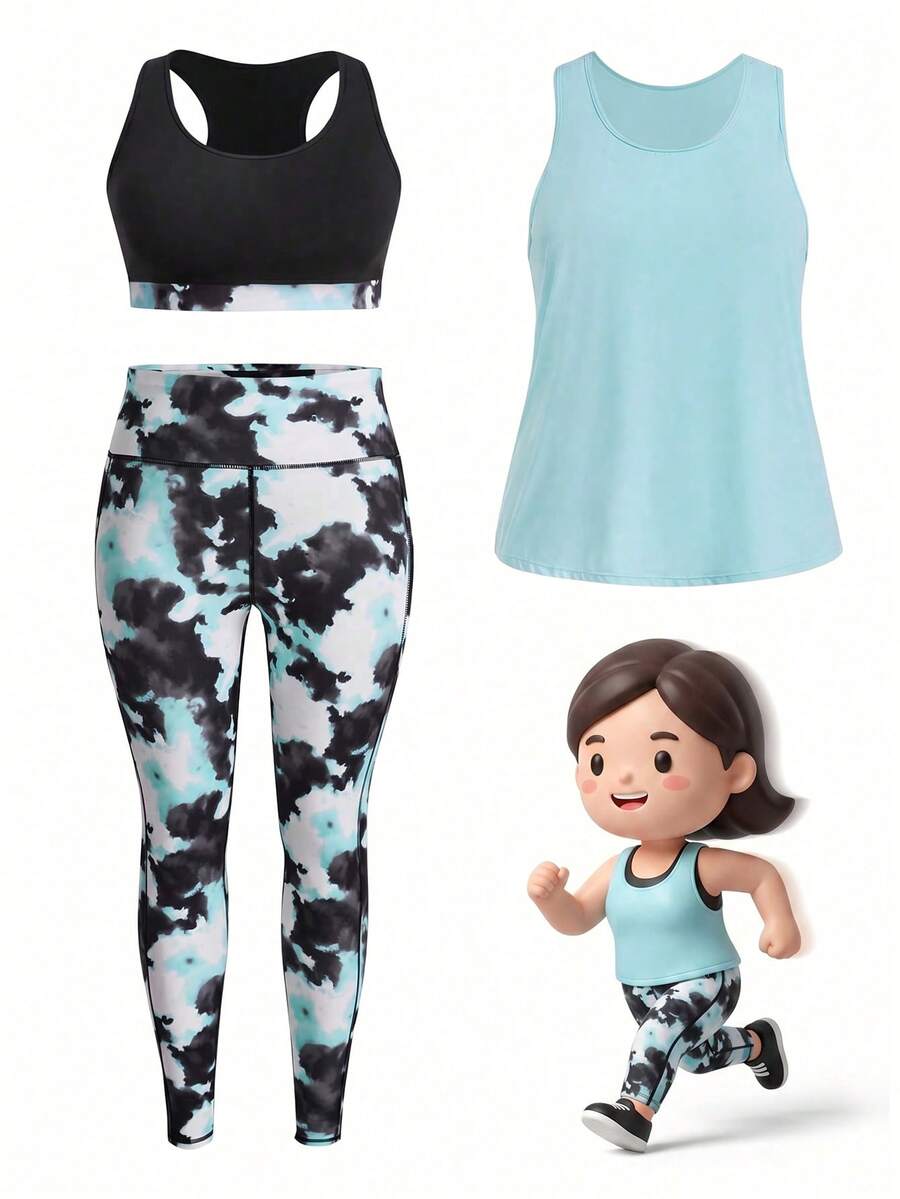 Sweetra CURVE Plus Size 3Pcs Tie Dye Contrast Panel Cut Out Back Sports Set Workout Clothes Workout Women Set - Blue - View 1