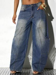 Denimoi Oversized Pocket Barrel Leg Jeans Fashionable Denim Barrel Leg - Medium Wash - View 2