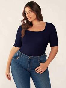 SHEIN BASICS Plus Size Summer Casual Modest Conservative Versatile Solid Color Short Sleeve T-Shirt Date Night Brunch Vacation Navy Blue Office Rodeo - Navy Blue - View 6