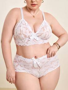 Hourtrue Plus Size Lace Patchwork Comfortable And Fashionable Sexy Bra And Panty Lingerie Set - White - View 8