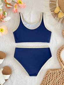 SHEIN Infant & Baby GirlColorblock Minimalist Casual Swimsuit - Blue - View 3