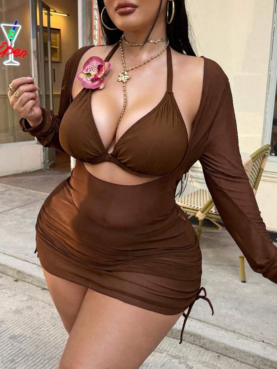 Swim SXY 大尺碼女款三件式泳衣套裝,花卉飾邊純色性感泳裝 - 棕色 - 查看 1