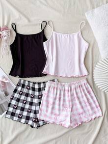 SHEIN [Surprise Box 5 Sets Random, Send 2 Set],Tween Girls Tween Girl, Bow Pattern & Heart Plaid Pattern Camisole Shorts Loungewear - Multicolor - View 6