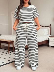 SHEIN EZwear 大尺碼女款條紋短袖上衣與寬腿長褲休閒套裝 - 彩色 - 查看 3