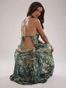 SHEIN BAE Women's Sexy Vacation Animal Print Hollow-Out Backless Halter Dress, Summer - Multicolor - View 3