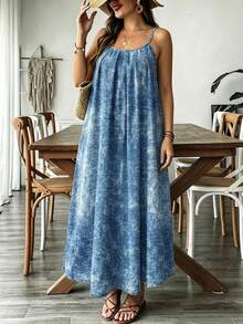 EMERY ROSE Plus Size Blue Textured Pattern Spaghetti Strap Backless Vacation Style Loose Comfortable Dress, Beach Dress, Spaghetti Strap Dress, Bohemian Style Vacation Outfit - Blue - View 5