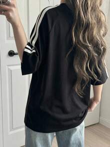 DAZY Round Neck Striped Side Slit T-Shirt Oversized T-Shirt,Graphic Tees School Cute Tops - Black - View 8