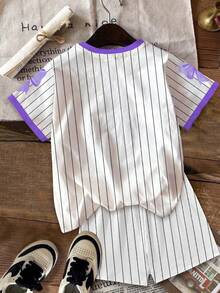 Set de 2 piese pentru fete preadolescente, casual, minimalist, cu personalitate cool, numeric 67 și grafică cu fundă, roz, cu dungi, stil atletic și chic, ton de albastru, tricou și pantaloni scurți cu mânecă scurtă, potrivit pentru vară - Multicolor - Vizualizare 3