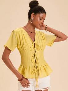 Travachic Spring/Summer Solid Color Woven Short Sleeve Women's Blouse Pale Yellow Elegant Romantic Brunch Vacation - Brown - View 5