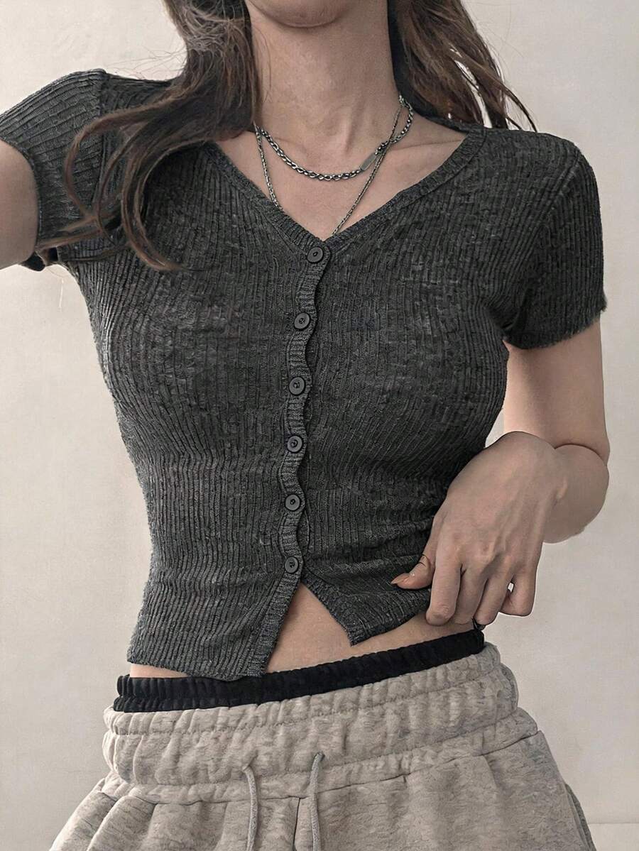 DAZY 女款修身短版長袖螺紋T恤 - 灰色 - 查看 1