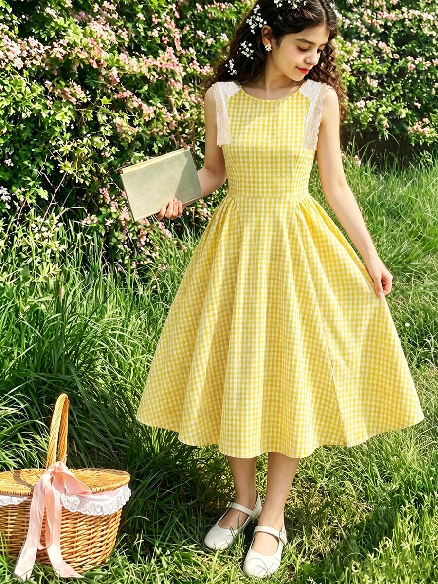 Vestido largo de princesa para niñas, estilo dulce y elegante, con lazo 3D, amarillo, suave y amigable con la piel, sin mangas, cuello cuadrado, cintura ceñida, para fiesta de cumpleaños, boda, temporada de actuaciones, ocasiones especiales y vacaciones, primavera-verano, nuevo - Amarillo - Ver 1