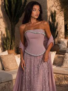Glamrae Elegant Queen Princess Luxurious Handmade Diamond Pearl Sequin Mesh Patchwork Knit Maxi Dress Chiffon Flounce Graduation Formal Gala Dinner Pink Fall - Dusty Pink - View 4