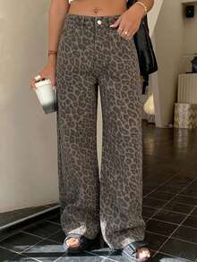 DAZY Women's Leopard Print Loose Pocket Casual Versatile Denim Jeans Y2k - Brown - View 16