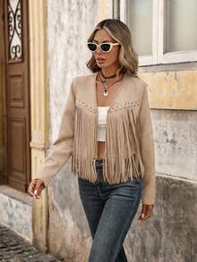 Brillora Women's Solid Color Tassel Trim Open Front Jacket Rave Camel Summer Boho Modest - Khaki - View 4