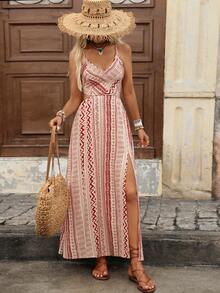 Brillora Women's Summer Vacation Geometric Print Split Strap Dress Burgundy Tropical Beach Boho - Red and White - View 4