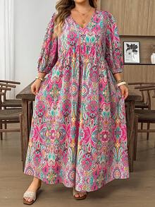 SHEIN CURVE+ Plus Size Paisley Print V-Neck Loose Lantern Sleeve Dress - Multicolor - View 5