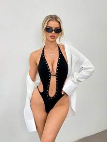SHEIN Summerbeach Women's Solid Color Rivet Decor Halter Neck Sexy One-Piece Swimsuit - Black - View 1