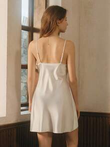 Bisouelle Women's Mesh Trim Decorated Cami Pajama Slip Dress Sleepwear Luxe Loungewear - White - View 2