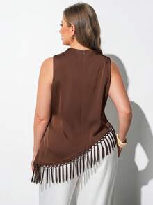 Maija Blusa de talla grande color marrón chocolate, otoño, elegante, sin mangas, cuello drapeado, dobladillo asimétrico con flecos, estilo old money, invitada a boda, casual de negocios - Marrón - Ver 2