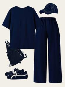 SHEIN Teen Boy Round Neck Casual Letter Print T-Shirt And Sports Long Pants Set - Navy Blue - View 2