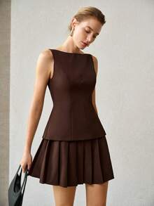 MOTF PREMIUM WOMEN'S SLEEVELESS 2 IN 1 SHORT DRESS - Coffee Brown - View 5