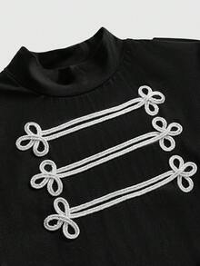 ROMWE Grunge Punk Summer Punk Medieval Napoleon Design Vintage Epaulette Half-High Collar Mid-Sleeve Top - Black - View 3