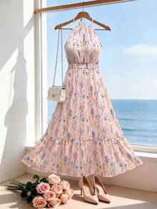 SHEIN LUNE Plus Size Women's Elegant Boho Loose Waist-Cinched A-Line Printed Halter Dress, Suitable For Vacation And Everyday Wear, Spring/Summer Pink Floral - Pink - View 1