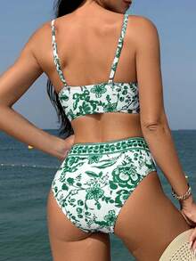 SHEIN Swim 女款植物印花海灘度假泳衣套裝 - 綠色 - 查看 2
