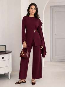 Solavon Women's Solid Color Round Neck Long Sleeve Shirt With Metallic Waist Decor, Elegant - Burgundy - View 3