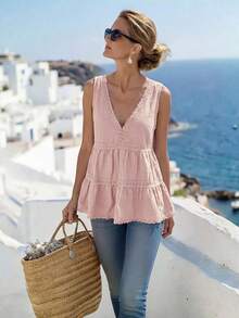 Breezaya Women's Solid Color Lace Ruffle Hem Camisole - Pink - View 5