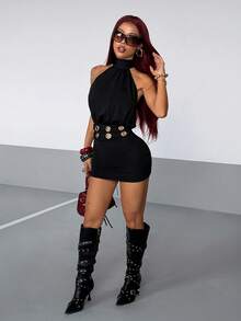 StreetHx American Style Sexy Hot Girl Hollow Metal Ring Waist Decor Halter Neck Fitted Bodycon Mini Dress Club Party Night Out Black Summer Halloween - Black - View 4