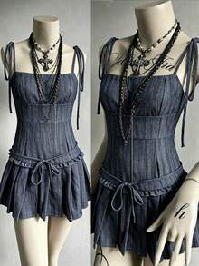 DAZY Robe mini camisole à volants avec ceinture à nouer pour femmes - Bleu azur - Voir 1