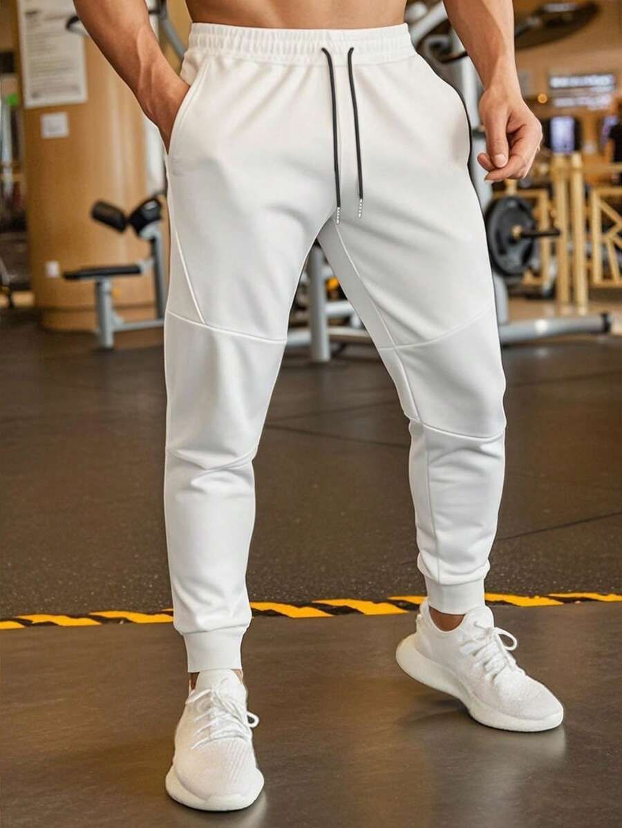 Manfinity Homme 男士纯色运动裤,时尚夏季白色慢跑裤,运动透气弹力运动裤,适合健身房穿着 - 白色 - 查看 1