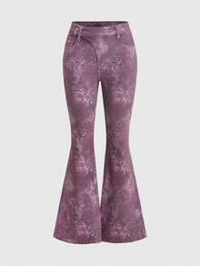 ROMWE Fairycore Hot Girl Purple Butterfly Floral Print Flare Women's Jeans - Purple - View 1