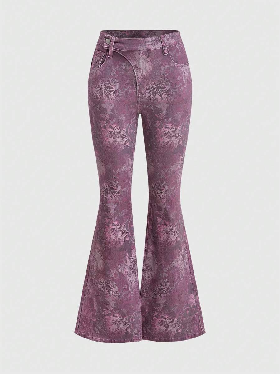 ROMWE Fairycore Hot Girl Purple Butterfly Floral Print Flare Women's Jeans - Purple - View 1
