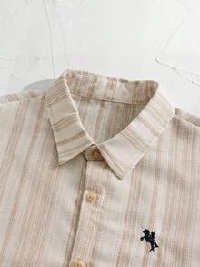 NORVETH Men's Casual Vacation & Commute Striped Print Embroidered Loose Fit Shirt, Summer - Khaki - View 3