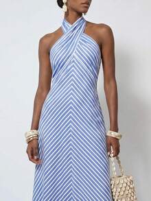 Zivah New Summer Casual Vacation Blue And White Striped Cross-Strap A-Line Loose Women Long Dress, Suitable For Everyday Wear, Vacations, Music Festivals, Travel, Beaches, Party, Airport Outfits, Brunch Outfits, Boho , Nomadic,Casual ,Commuting-A - Blue and White - View 11
