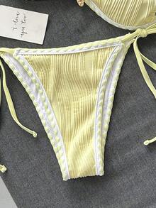 Swim Basics Set Baju Renang Bikini Wanita Terbaru Musim Panas Warna Polos, Trim Metalik Laut, Kain Bertekstur, Desain Tepi Tenun, Set Bikini Seksi untuk Liburan Pantai - Kuning muda - View 4