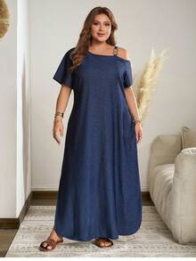 Breezaya Plus Size Women's Off-Shoulder Split Design Casual Party Vacation Denim Dress Navy Blue Autumn - Blue - View 3